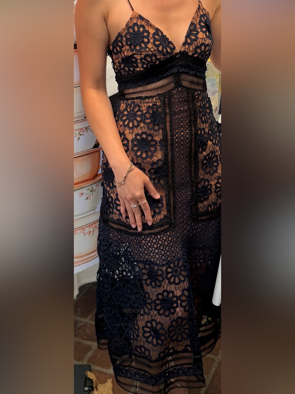 Navy Lace Strapless Floral-Inset Dress - Made in Korean